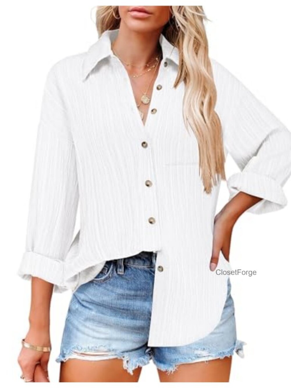 Women's Textured Button Down Long Sleeve V-Neck Blouse with Pocket